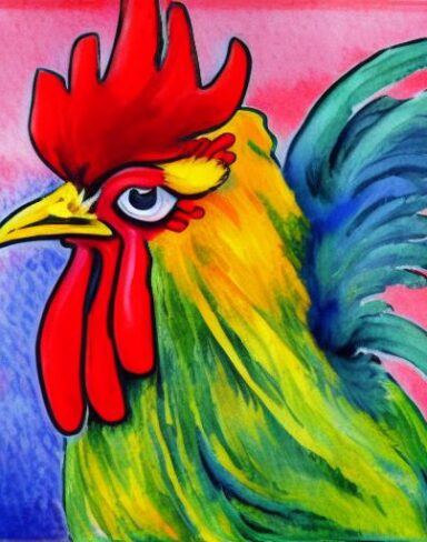 A watercolor painting of a rooster