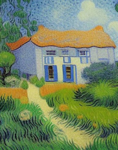 An art painting of a house in the garden