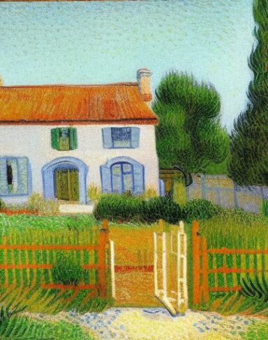An impressionism painting of the house with garden