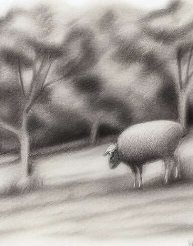 Black and white drawing of sheep and trees in rural area