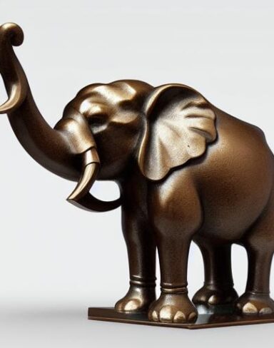 Bronze elephant and a rock statue