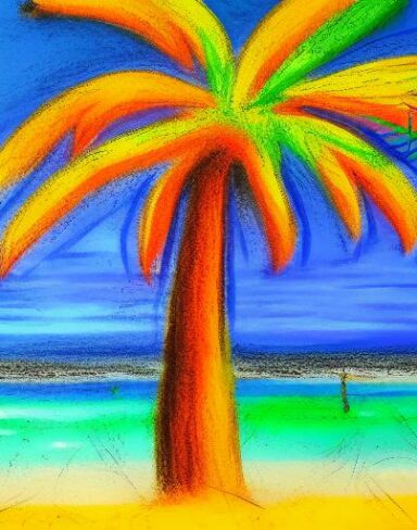 Color painting of a palm tree on a beach