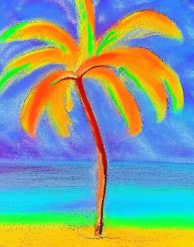 Color painting of a palm tree on a beach