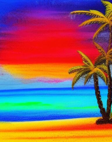 Color painting of palm tree on a beach