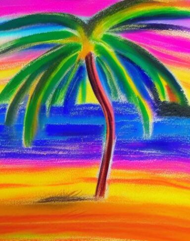 Color painting of palm tree on a beach