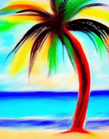 Color painting of palm tree on a beach
