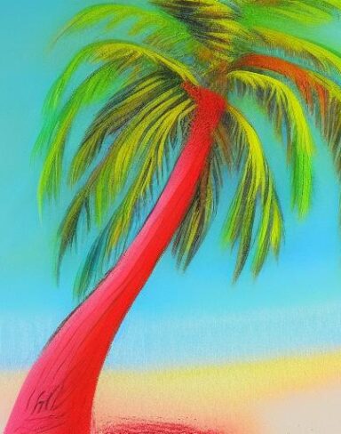 Color painting of the palm tree on a beach