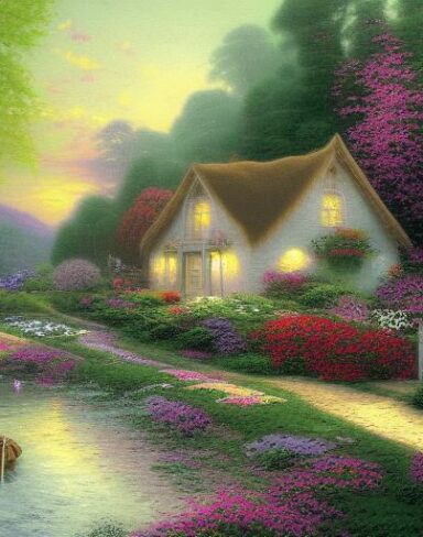 Cottage by a river with flowers