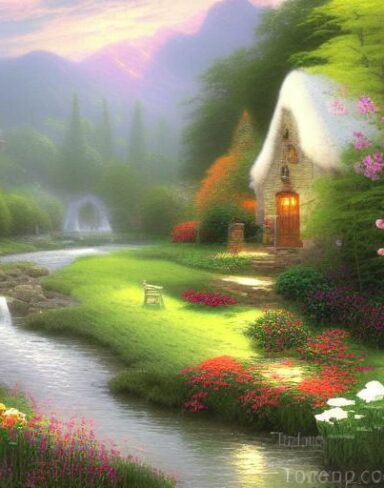 Cottage by a river with flowers