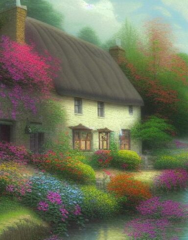 Cottage by a river with some flowers