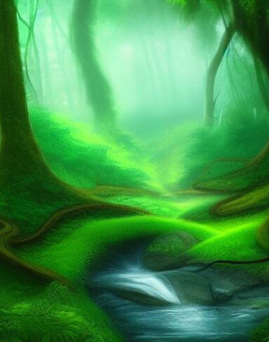 Curve stream running through a green forest