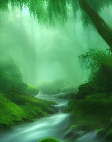 Curve stream running through the green forest