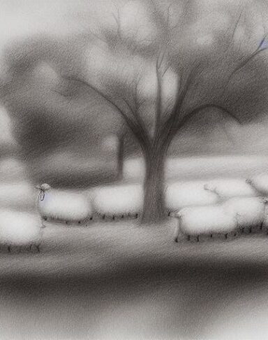 Drawing of sheep and trees in rural area
