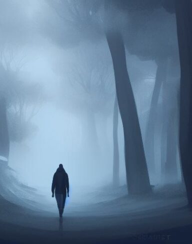 Fantasy digital art of a person walking through a forest