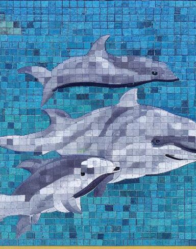 Mosaic of a dolphin in the costal inspired by Charles Ginner