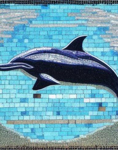 Mosaic of a dolphin swimming in the marine ocean inspired by Charles Ginner