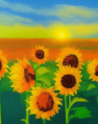 Oil painting of sunflowers in the field