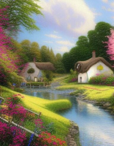 Painting of a cottage by a river with vivid flowers