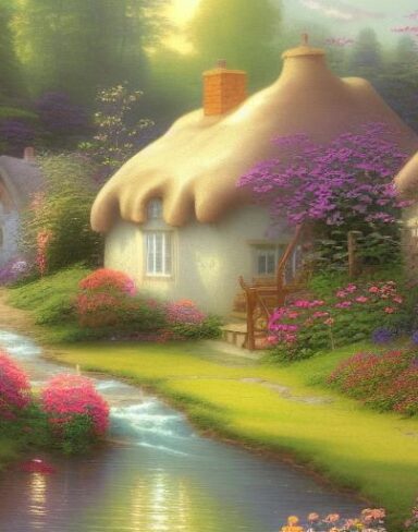 Painting of a cottage near a river with many flowers