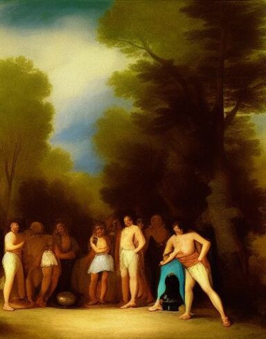 Painting of a group of people in the forest by Francisco de Holanda