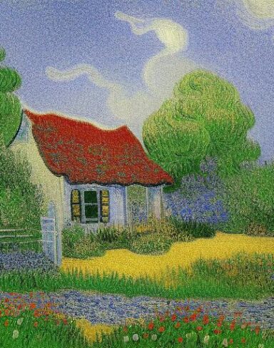 Painting of a house in a garden with few flowers