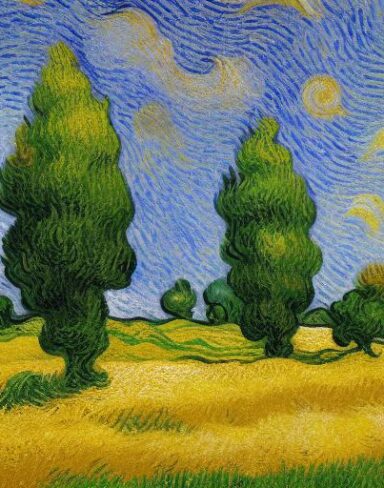 Painting of a wheatfield with cypress trees