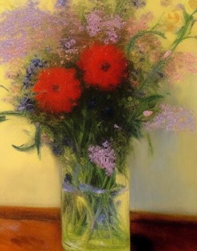 Painting of flowers in a vase on a table