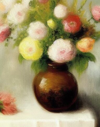Painting of flowers in beautiful vase on the table