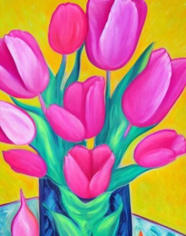 Painting of many pink flowers in a vase