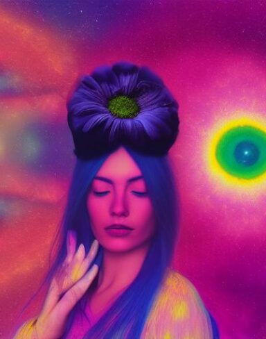Psychedelic painting of a woman with a flower in her hair