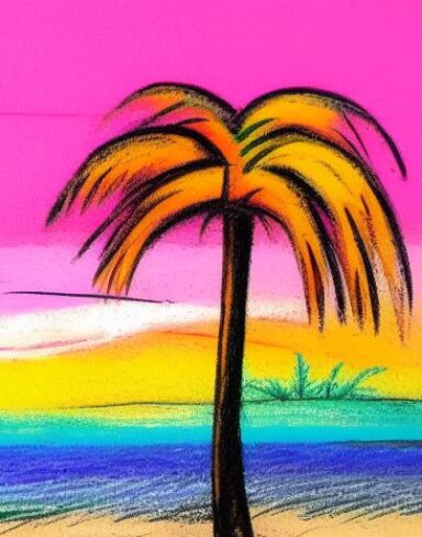 The color painting of a palm tree on a beach