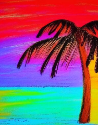 The color painting of a palm tree on a beach