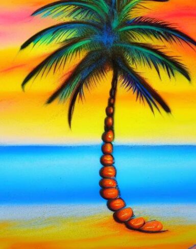 The color painting of a palm tree on a beach