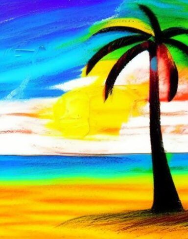 The color painting of a palm tree on a beach