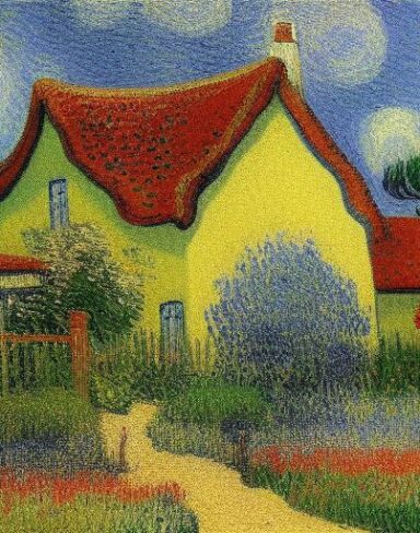 The impressionism painting of the house with garden