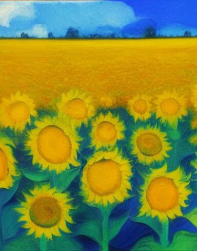 The oil painting of sunflowers in the field