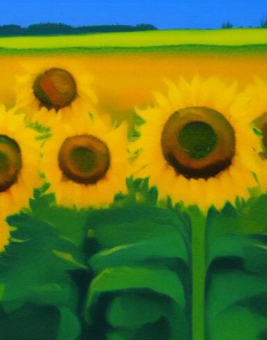 The oil painting of sunflowers in the field