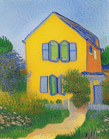 The painting of a house with a garden