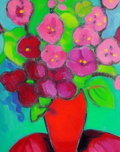 The painting of several pink flowers in a vase