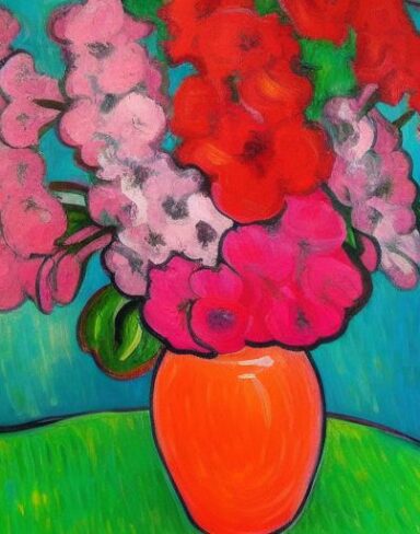 The painting of several pink flowers in a vase
