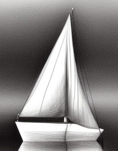 The pencil drawing of a sailboat in the water
