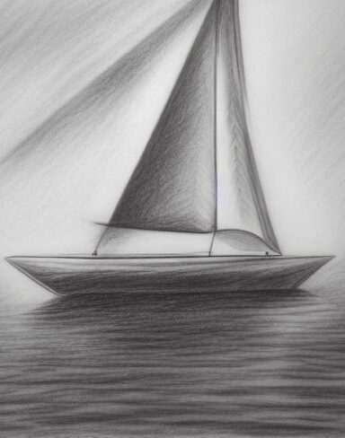 The pencil drawing of a sailboat in the water