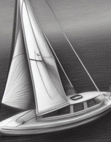 The pencil drawing of a sailboat in the water