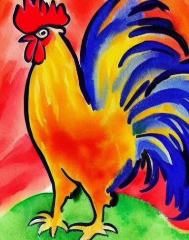 The watercolor painting of a rooster