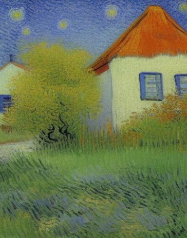 Van gogh painting of a small house in a garden