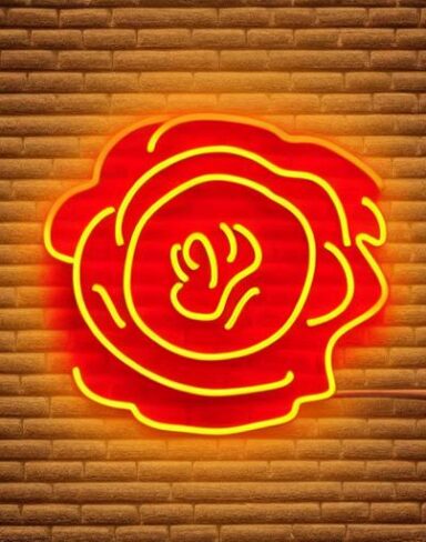 Yellow flower neon sign on the brick wall