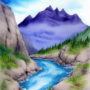 A fantasy detailed watercolor painting of a river with a mountain and rocks in the background