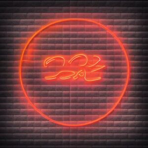 A flower neon sign on a brick wall