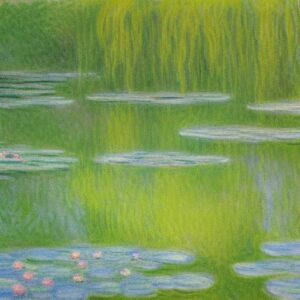 A serene painting of a pond filled with water lilies