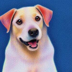 A close up of a painting of a dog with blue background